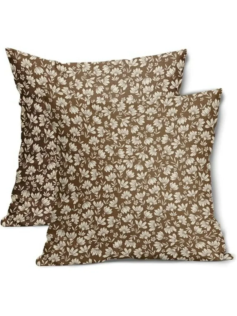Brown Beige Daisy Floral Pillow Covers 20x20 Set of 2 Cotton Linen Farmhouse Dec